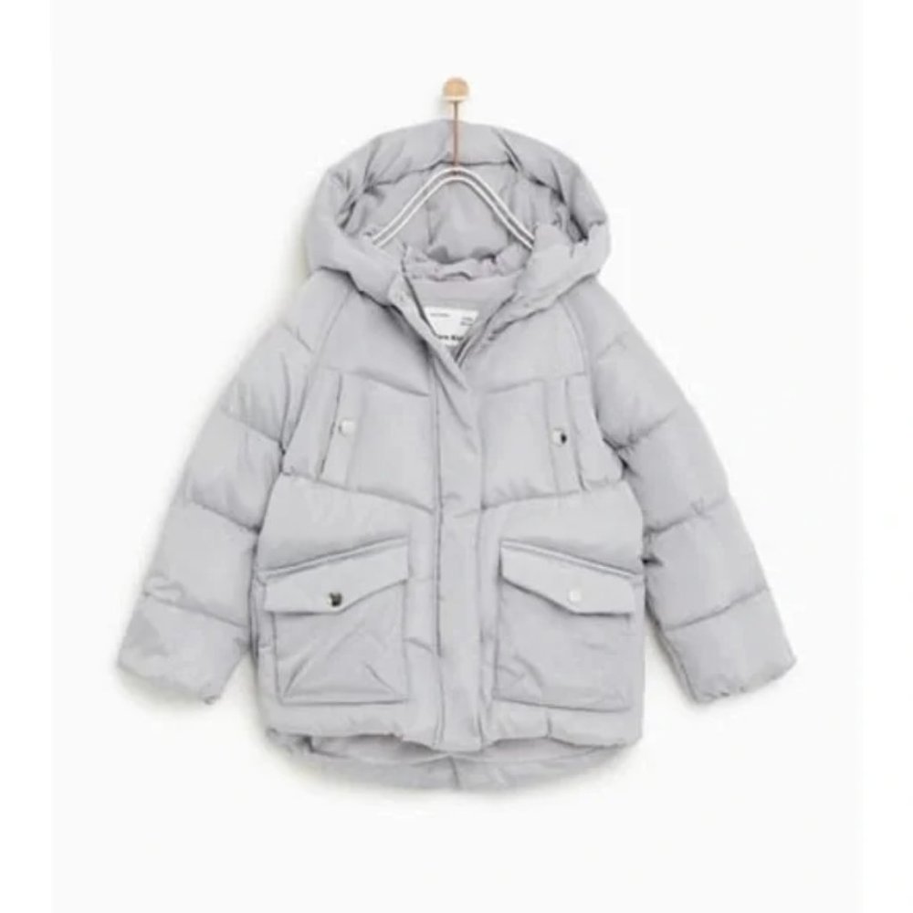 Zara girl light grey hooded puffer jacket-size 13-14